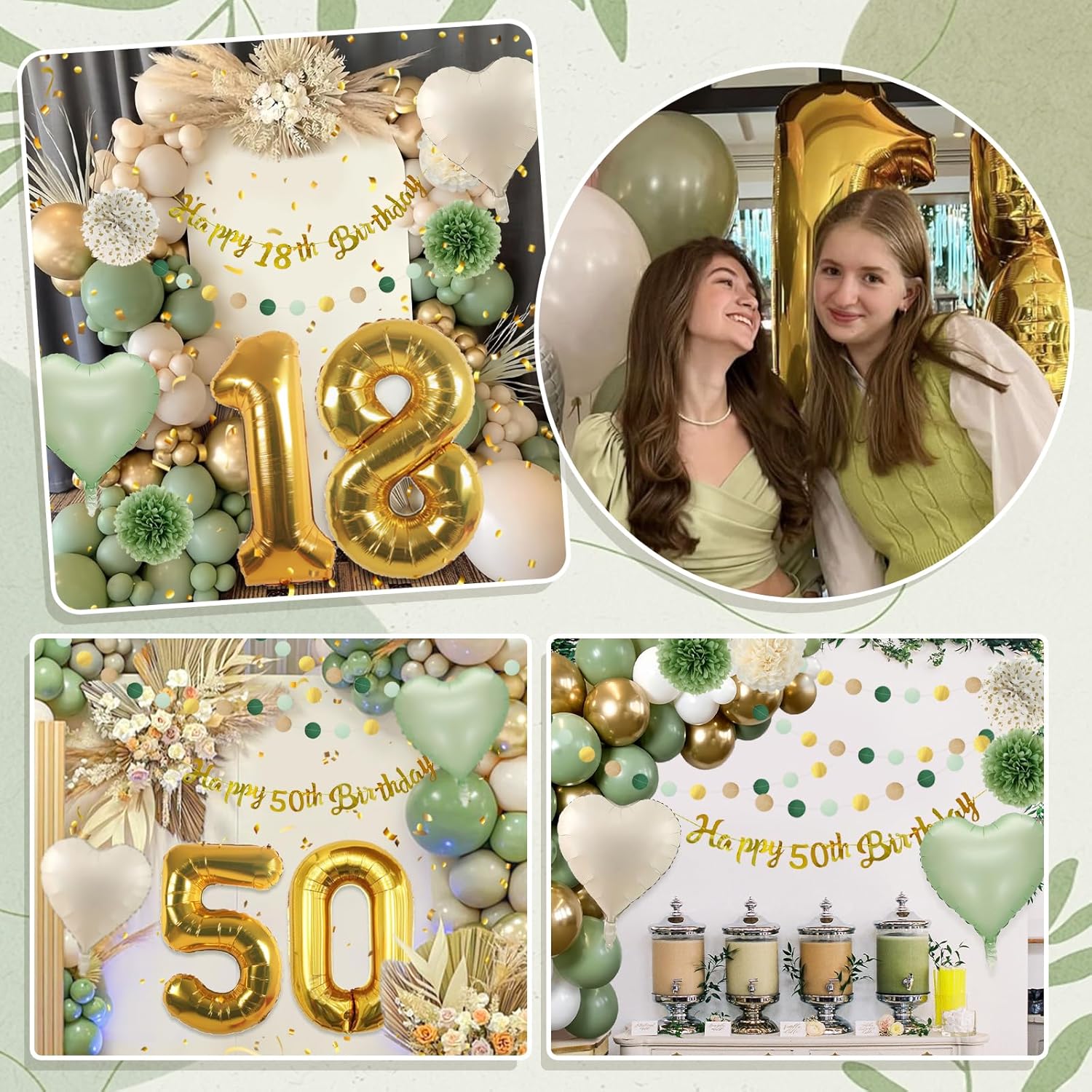 Detalle de 50th Birthday Decoration for Women and Men – Green & Gold Balloons Set (Reusable)