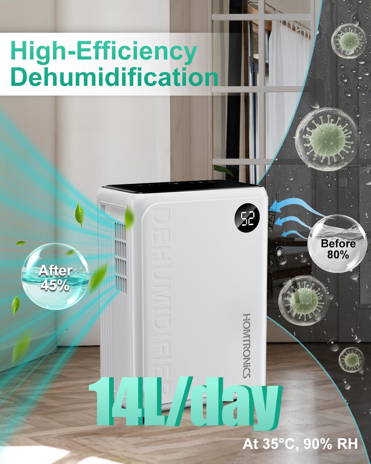 Detalle de Homtronics CAKDM07 30-Pint Dehumidifier with Continuous Drainage and Auto Defrost
