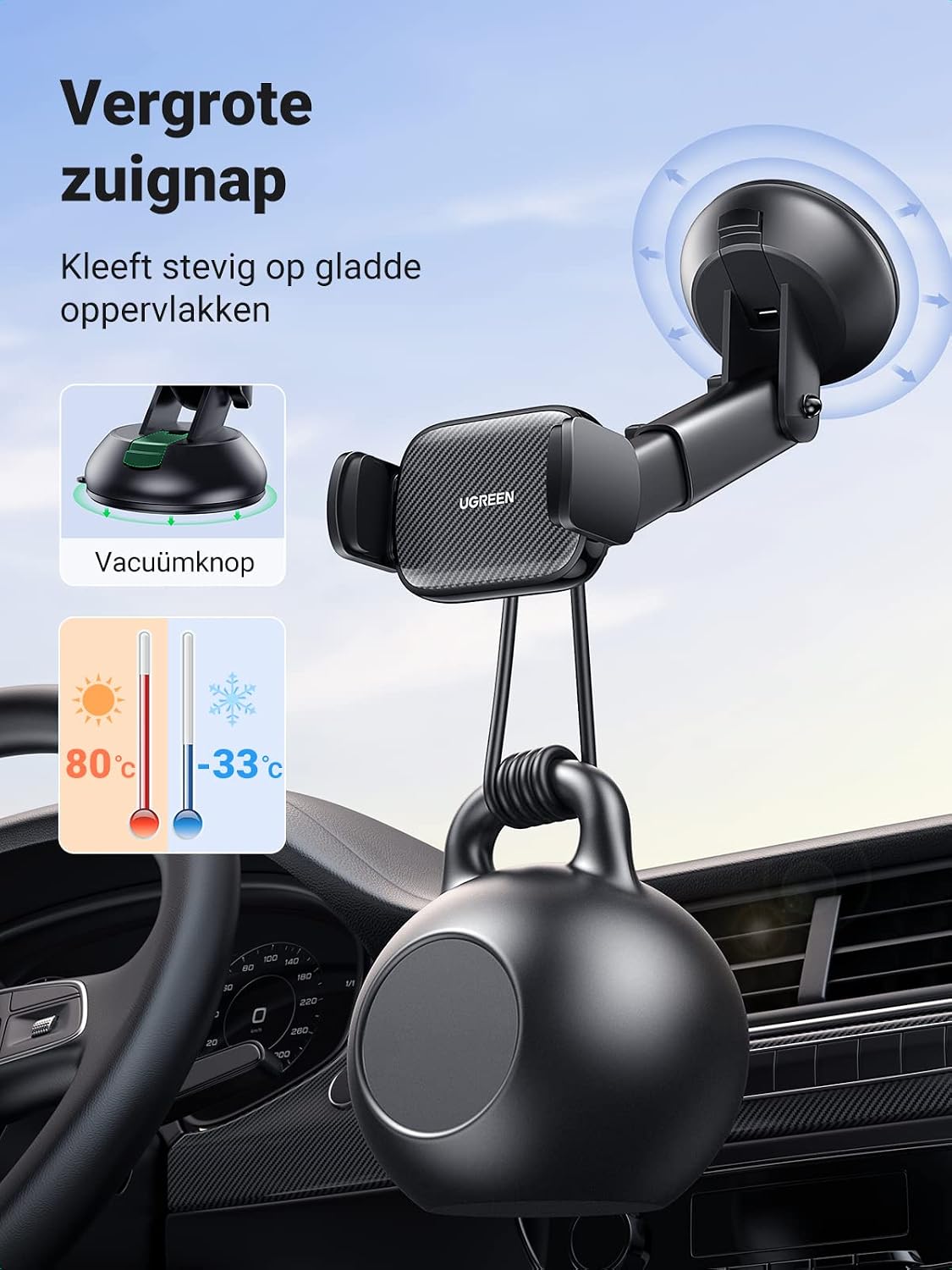 Thumbnail 2 de UGREEN autotelefoonhouder met zuignap, draaibare kogelkop en arm van 19 cm