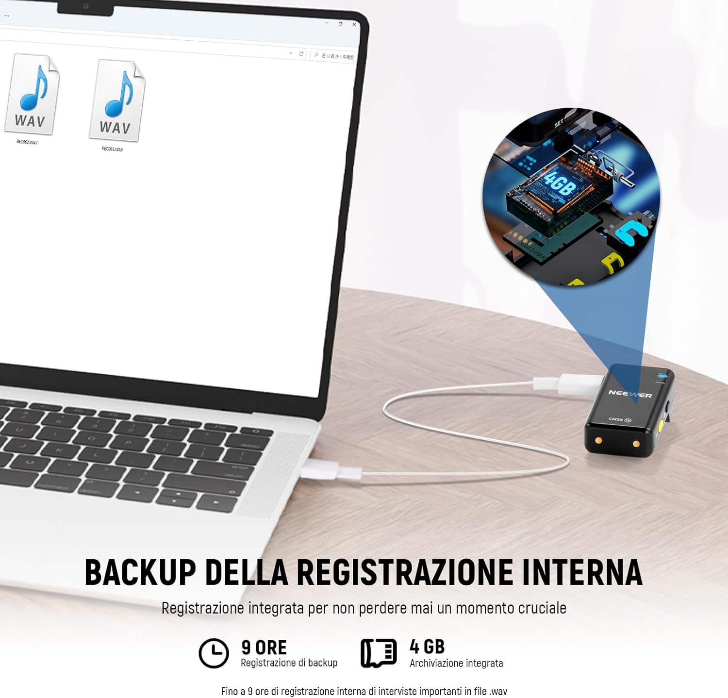 Detalle de Neewer CM28 microfono lavalier wireless con anti-rumore e registrazione su 4GB
