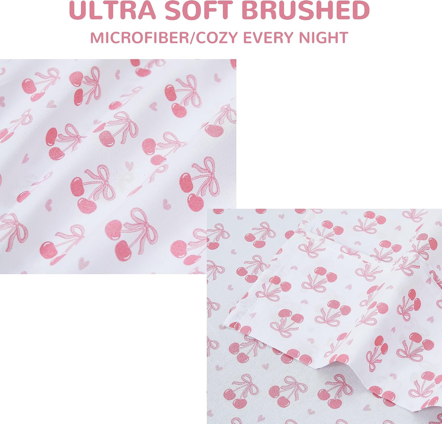 Detalle de Viviland Full Sheet Set for Girls, Pink Cherry Bow Microfibre, 4-Piece