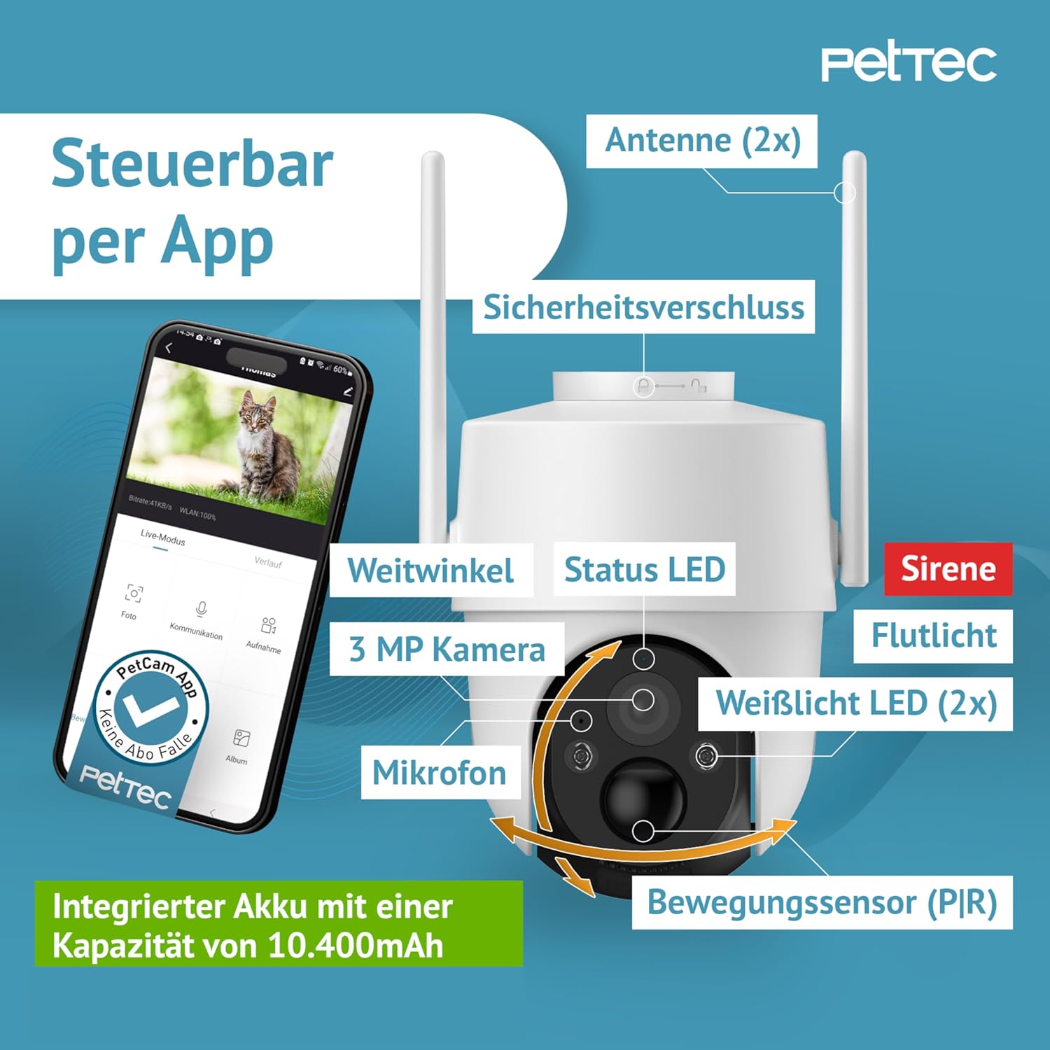 Detalle de PetTec Pet Cam Free'n 360 Überwachungskamera – Outdoor 3MP mit Akku, Pan&Tilt, Flutlicht und Sirene