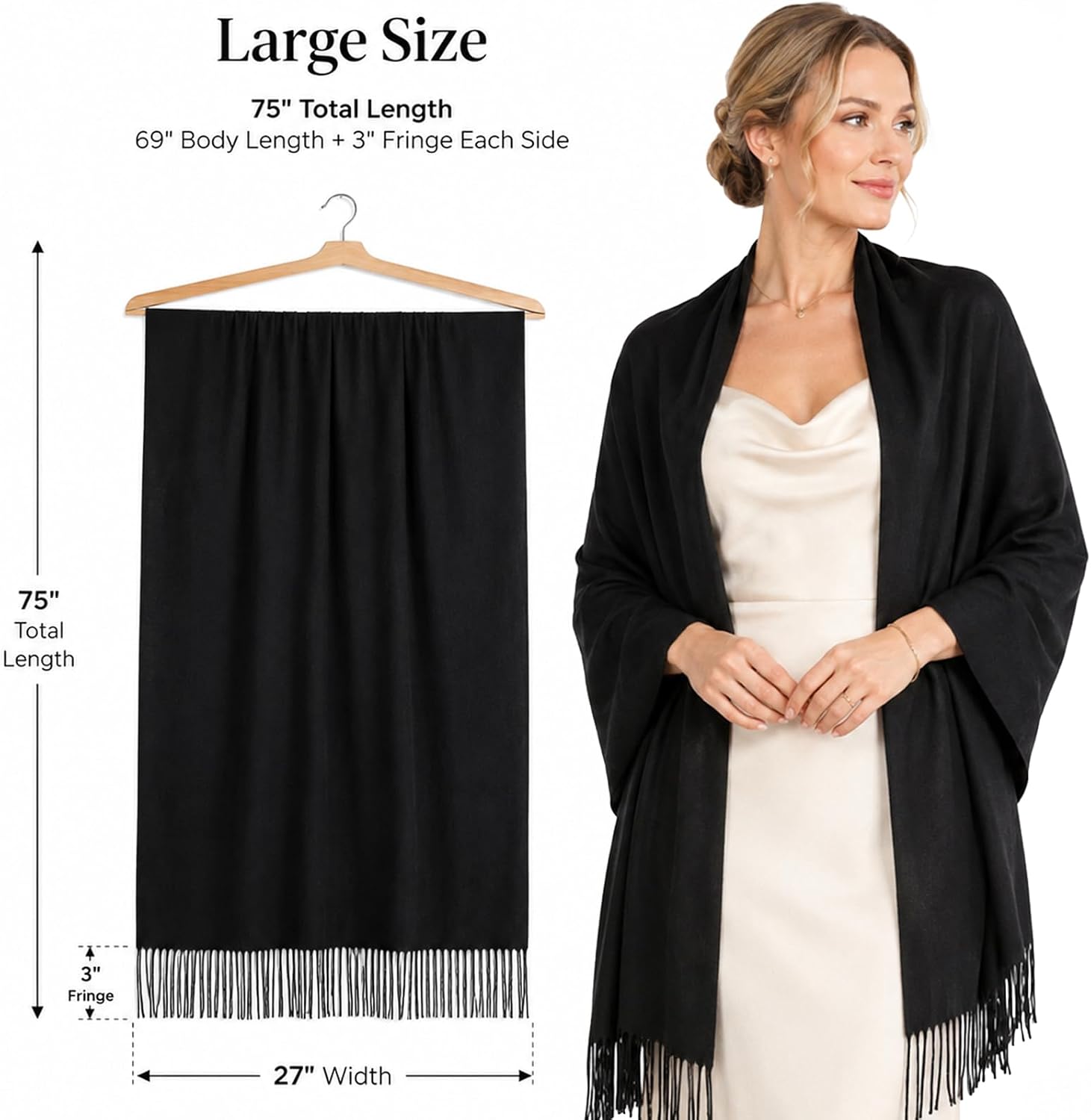 Detalle 2 de RIIQIICHY Women's Fringe Shawl Wrap, Lightweight Polyester-Viscose Pashmina