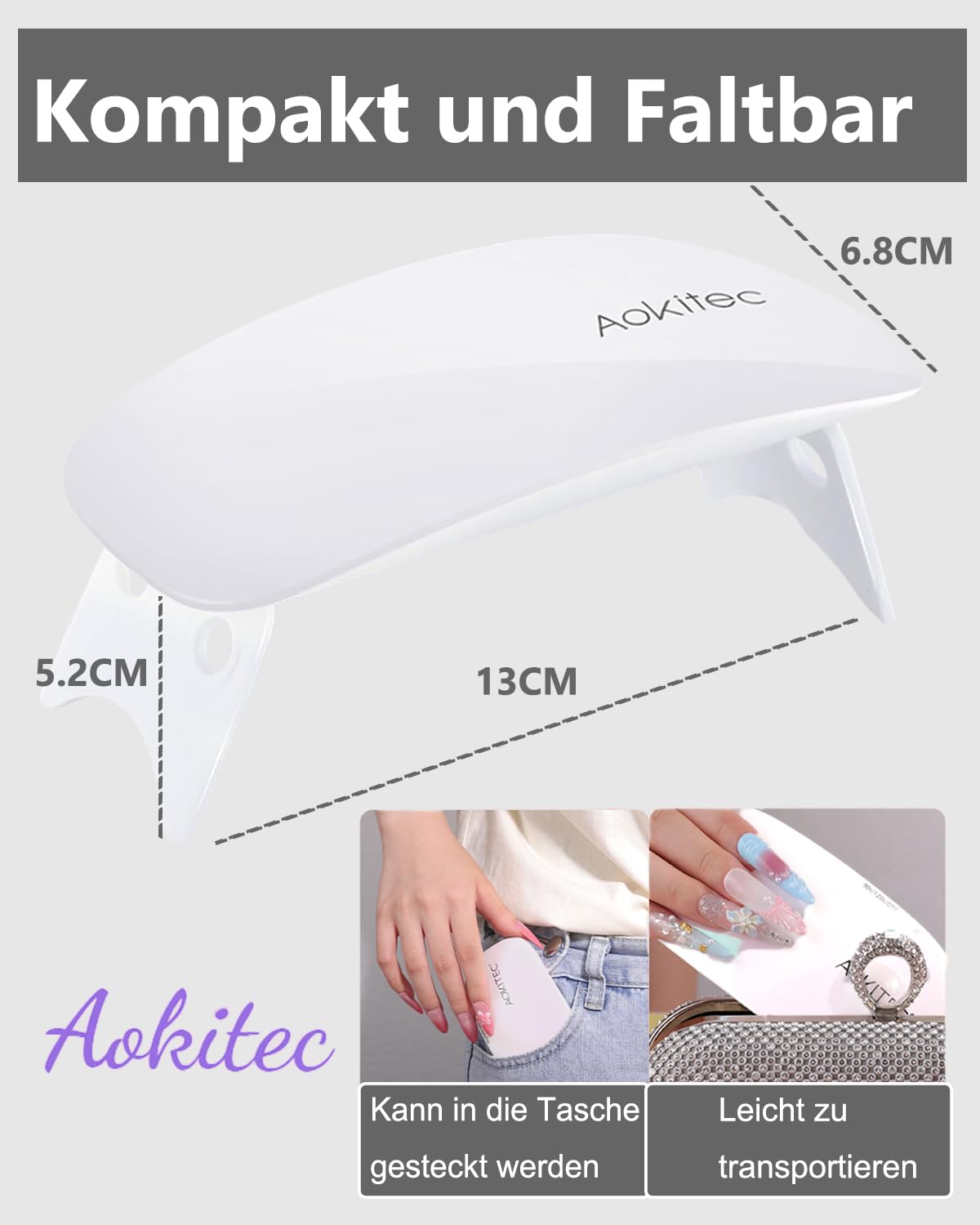 Thumbnail 4 de Aokitec Mini UV LED Nagellampe – kompakte USB-C Nagellampe für Gel-Nägel, weiß