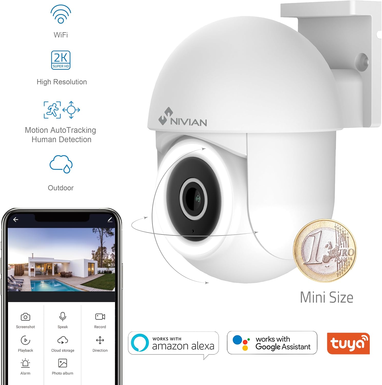 Thumbnail 1 de NIVIAN Caméra PTZ WiFi Mini 2K (Pack 2) – Vision nocturne, Détection de mouvement et Suivi automatique