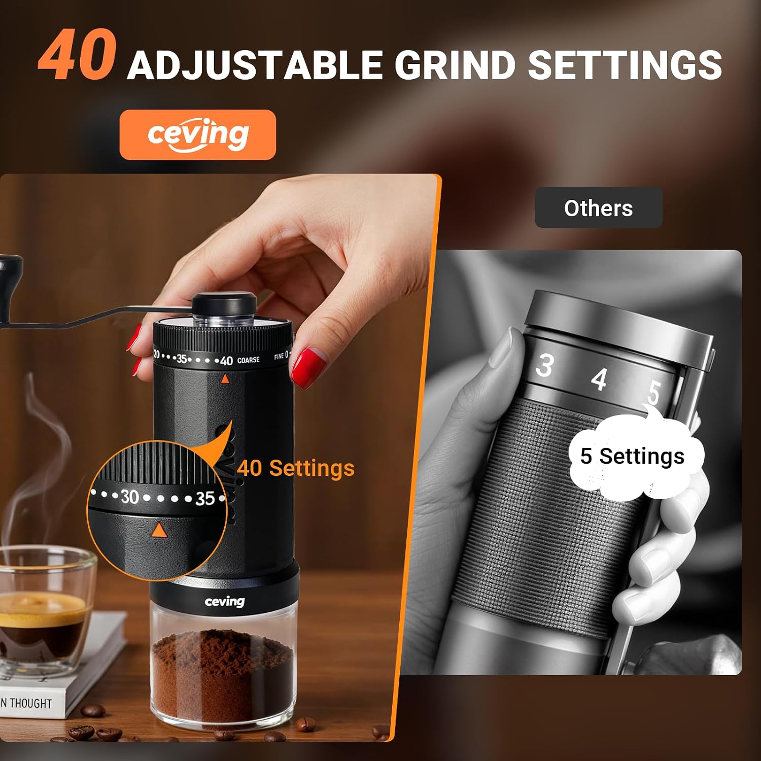 Detalle 2 de CEVING Erste 60g Handkaffeemühle mit 40 Mahl-Einstellungen (Edelstahl, tragbar)