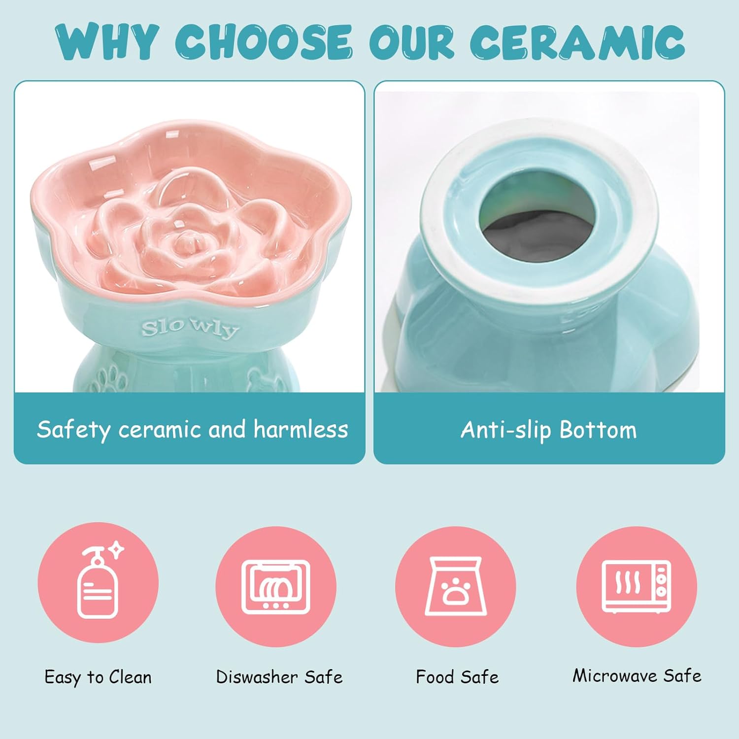 Thumbnail 3 de MEETOZ Raised Slow Feeder Cat Bowl (Ceramic, 5.8in) – Pink flower-shaped elevated slow feeder