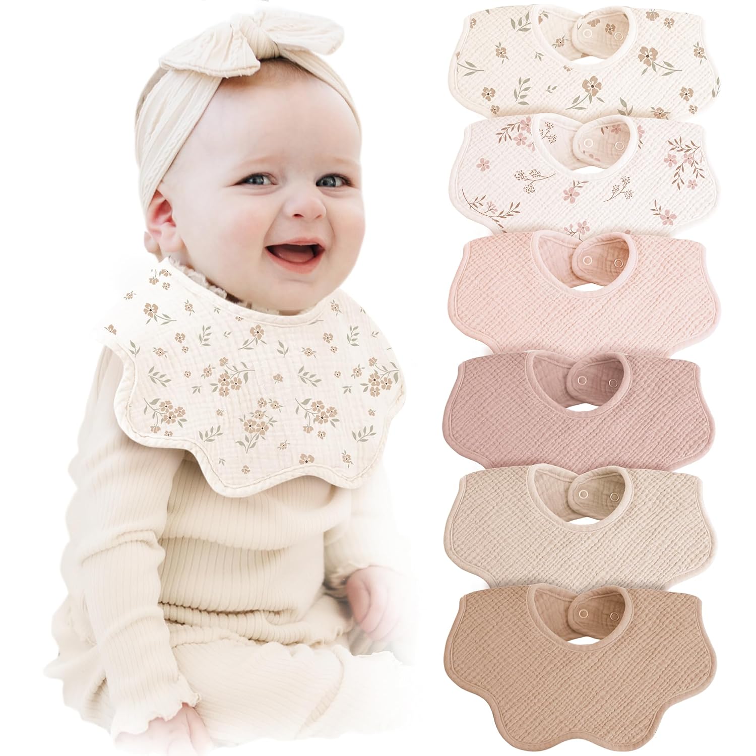 Detalle de Konssy 6-Pack Muslin Baby Bandana Bibs, 100% Cotton, Adjustable Snaps, Khaki