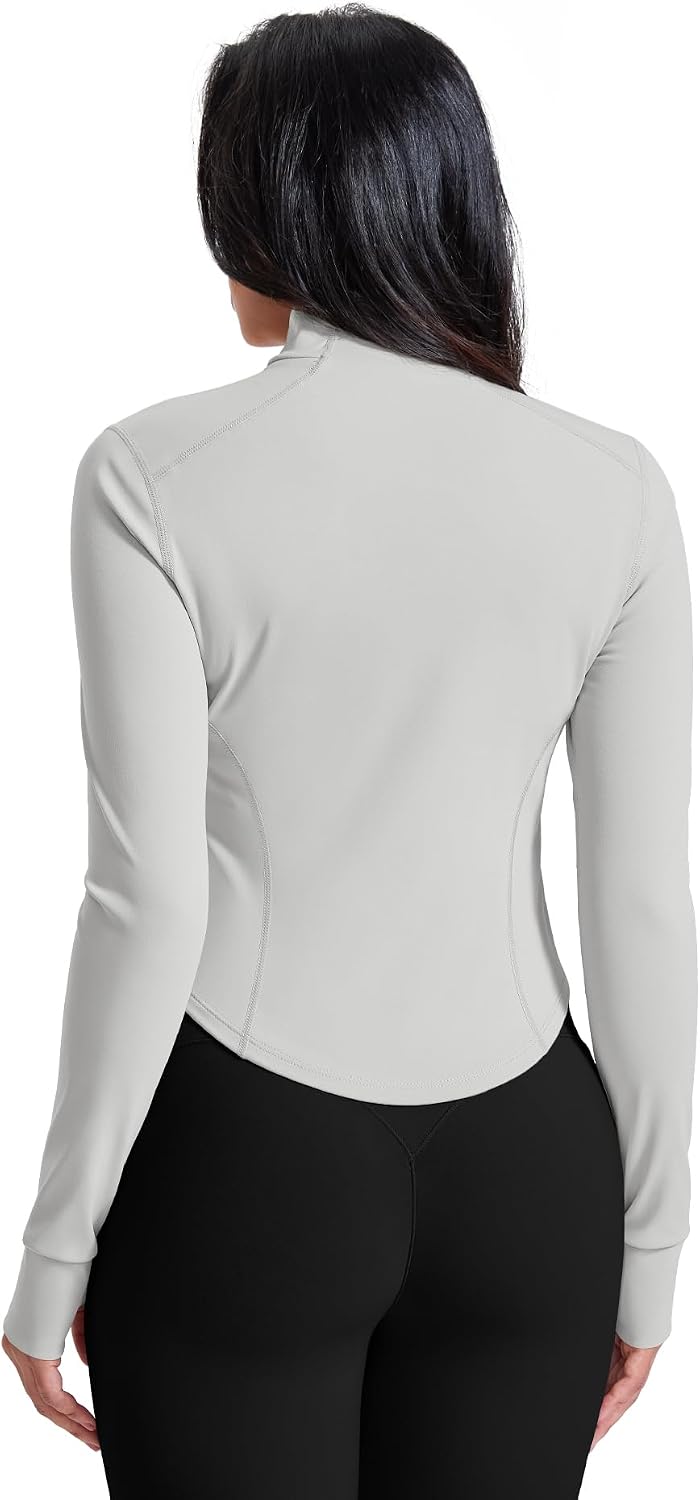 Detalle de AVGO Cropped Workout Jacket for Women, Full Zip, Thumb Holes and Curved Hem