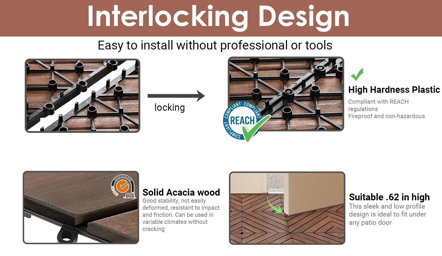 Detalle 2 de PrimeZone 27 PCS Acacia Wood Interlocking Deck Tiles, 12" x 12", Dark Brown