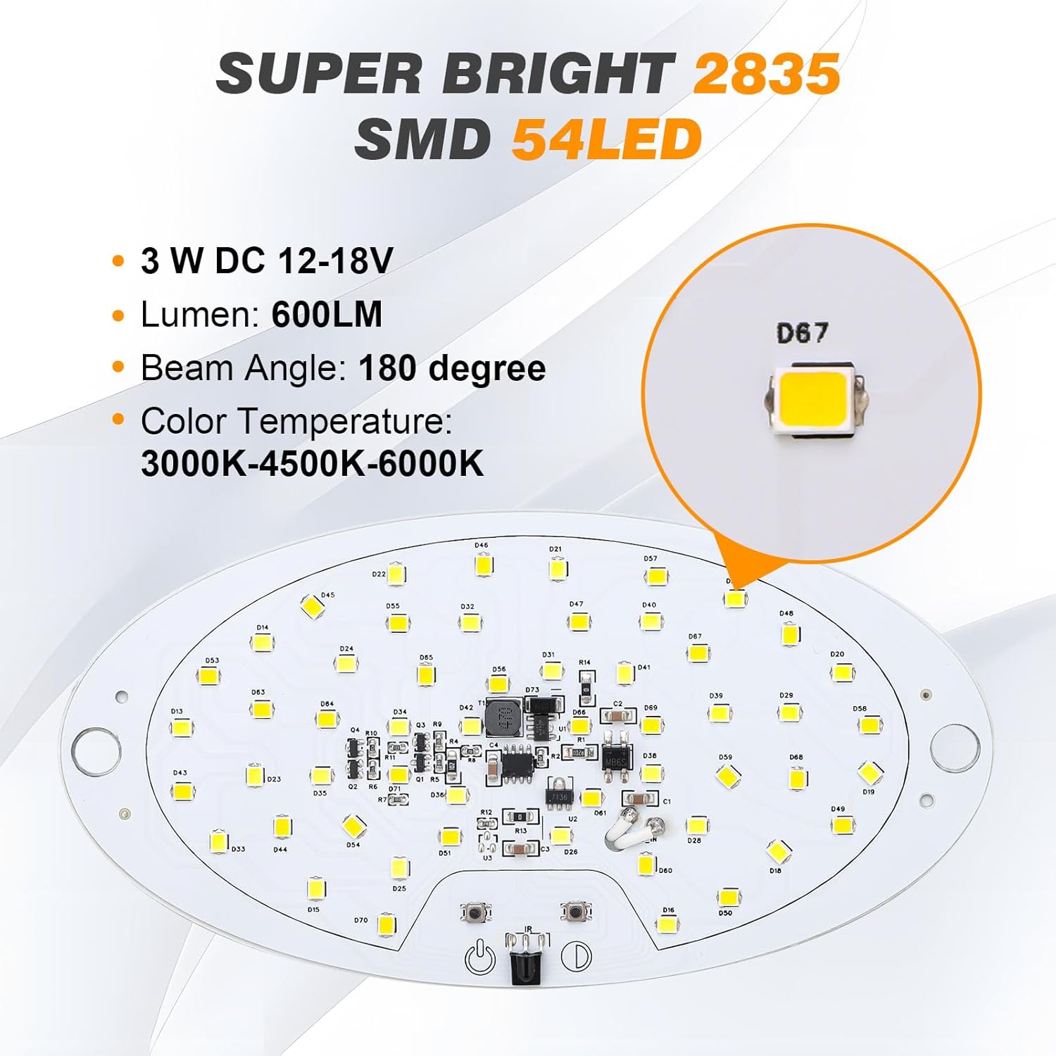 Thumbnail 5 de Kriogor 12V LED Caravan Interior Ceiling Light with Remote (54 LEDs, Dimmable, 3 Colours)