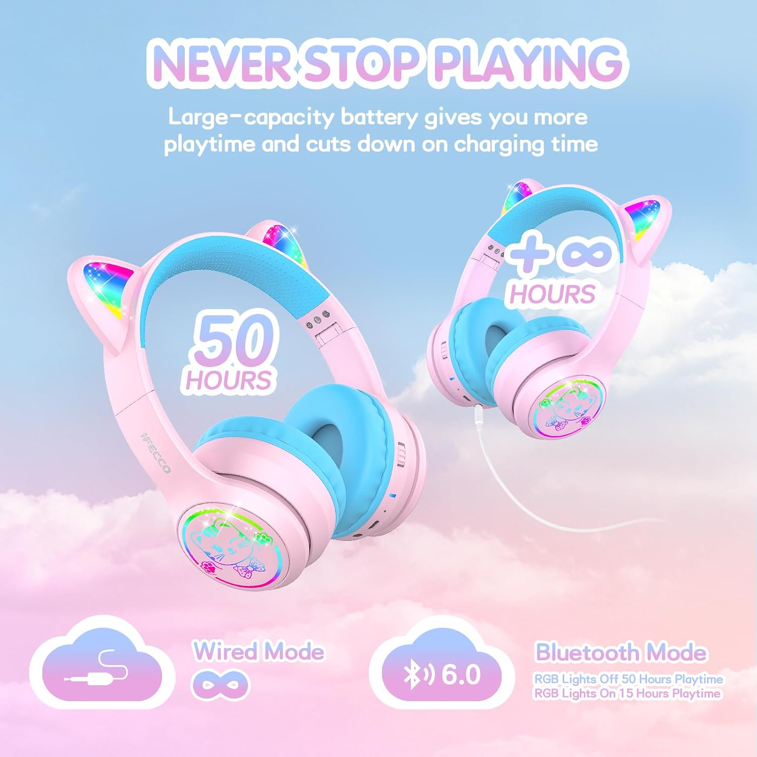 Thumbnail 4 de IFECCO Kids Wireless Headphones with Microphone and LED Cat Ears
