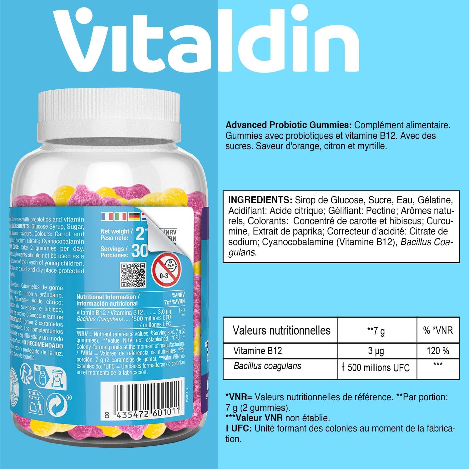 Thumbnail 4 de VITALDIN Probiotique Gummies – 500 millions d'UFC Bacillus Coagulans par dose + Vitamine B12, 60 gommes – saveur Fruits
