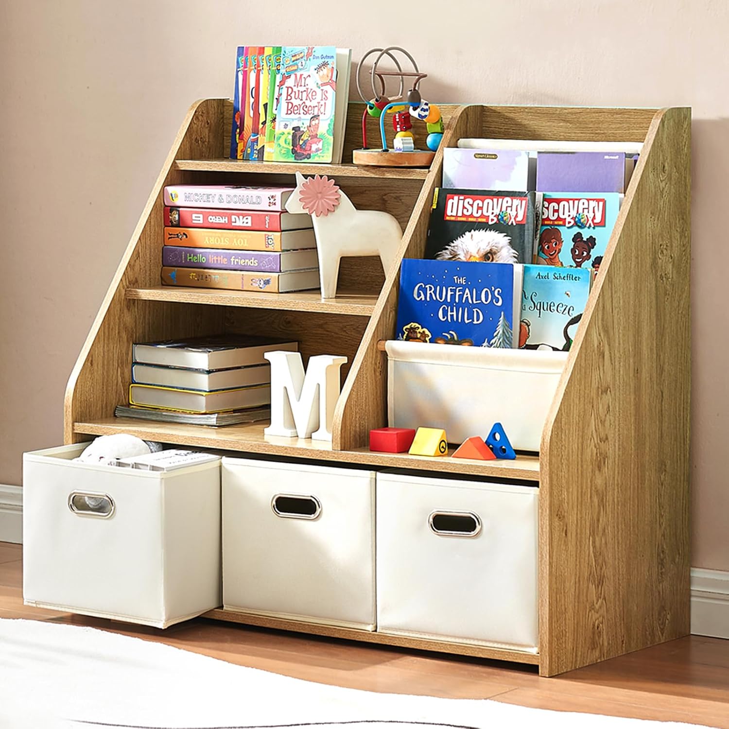 Detalle 2 de EFURDEN EDKB01 Montessori-kinderboekenkast met 4 planken, 3 laden en 4 stoffen vakken