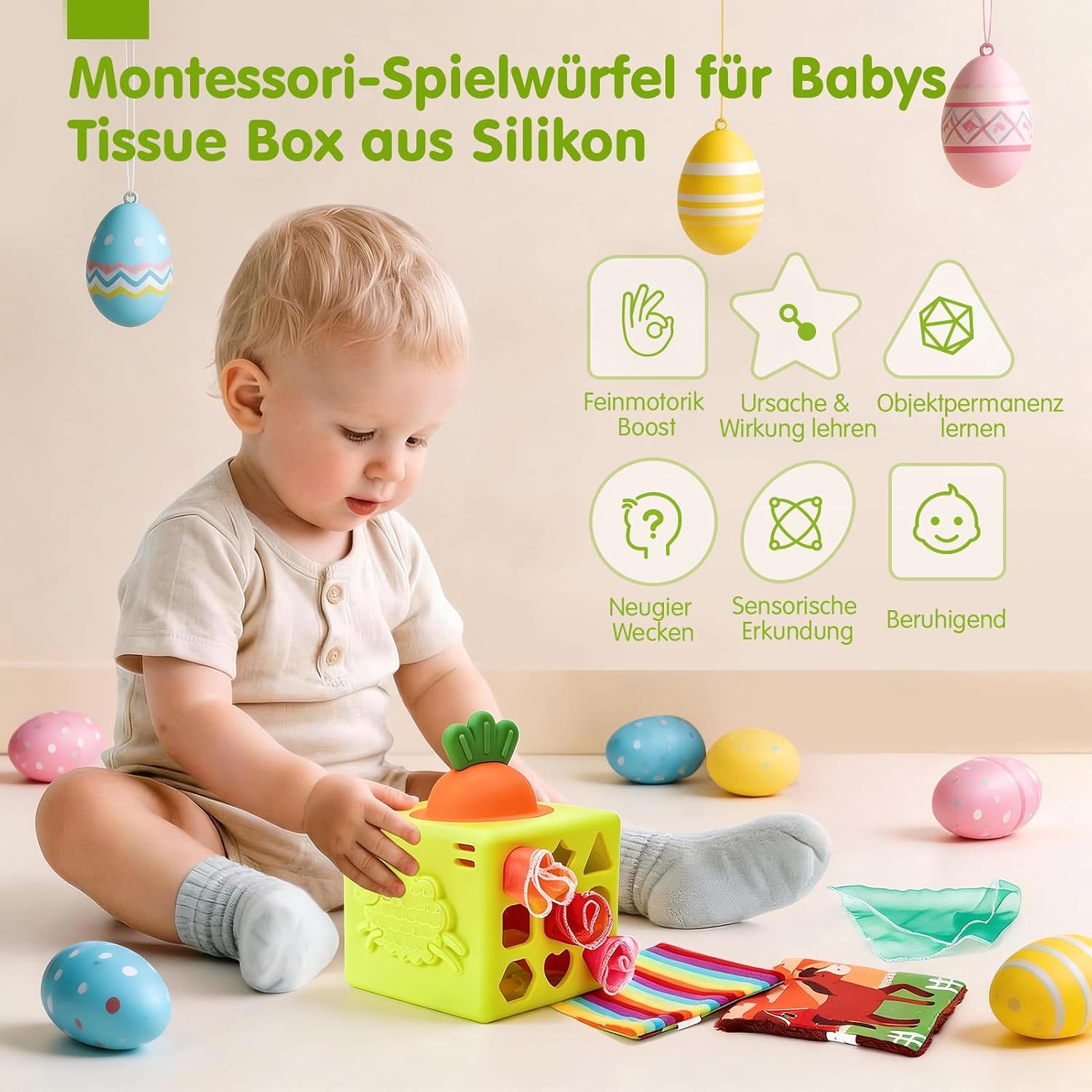 Thumbnail 1 de hahaland Baby Spielzeug 6 Monate – Silikon-Tücherbox, 6-in-1 Montessori Würfel mit Texturen, Spiegel und Beißring