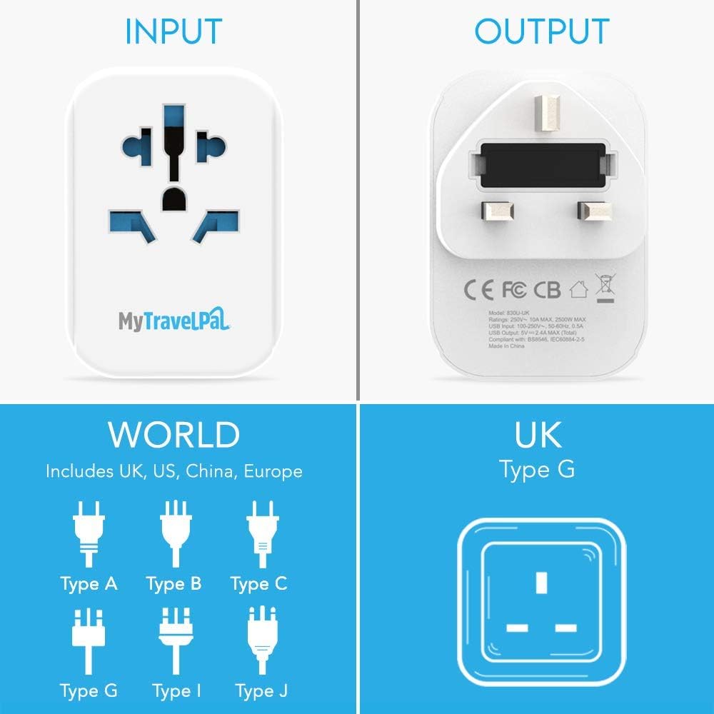 Thumbnail 1 de MyTravelPal US to UK Plug Adapter with USB Ports (Type G, UK safety standards)
