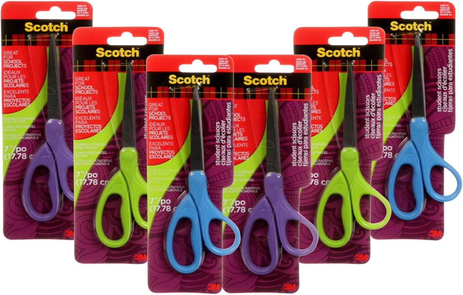 Detalle de Scotch 1407S-MIX 7-Inch Student Scissors, Stainless Steel Blades, 6-Pack