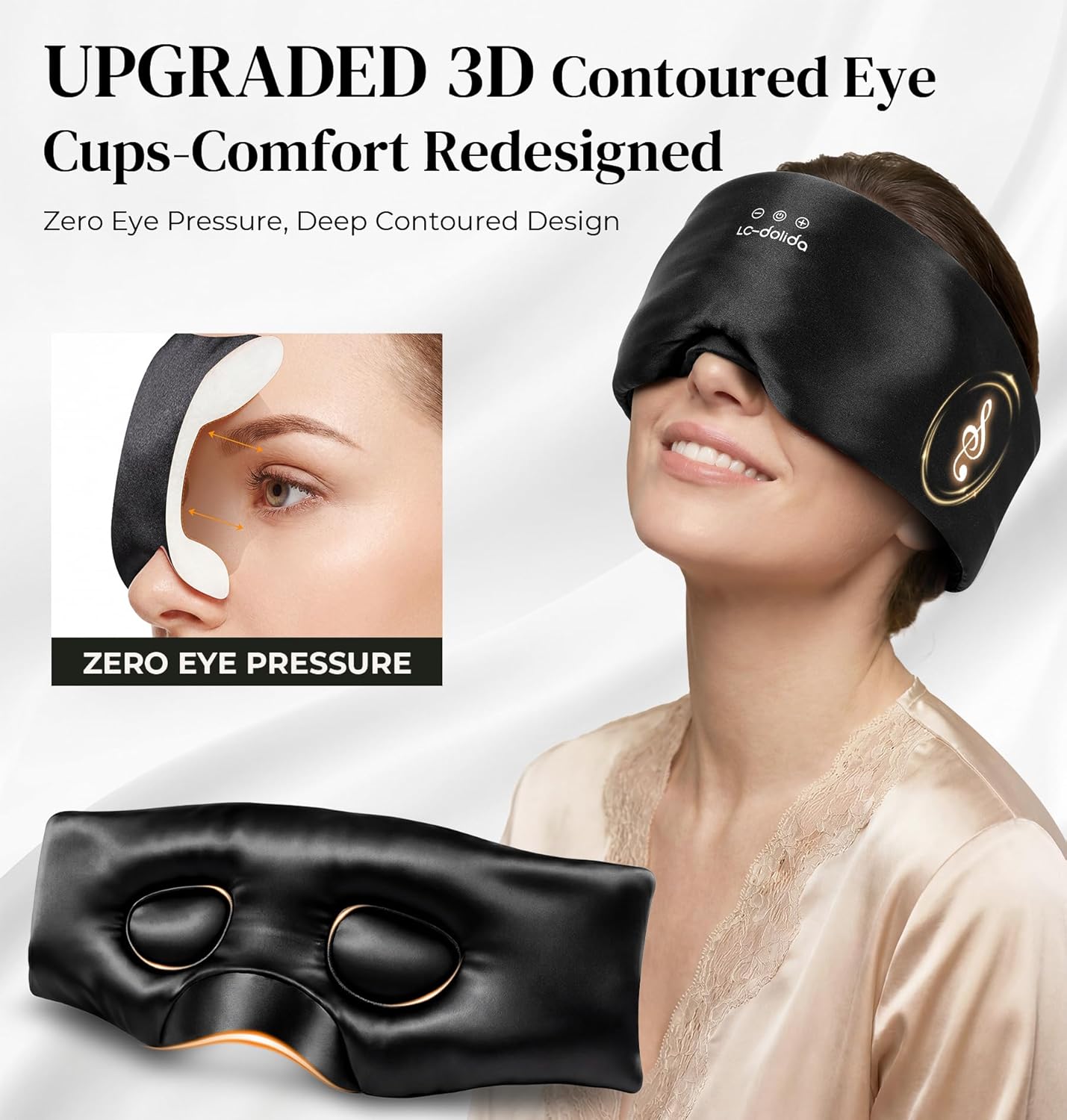 Detalle de LC-dolida 3D Silk Bluetooth Sleep Mask, Black, with Contoured Eye Cups