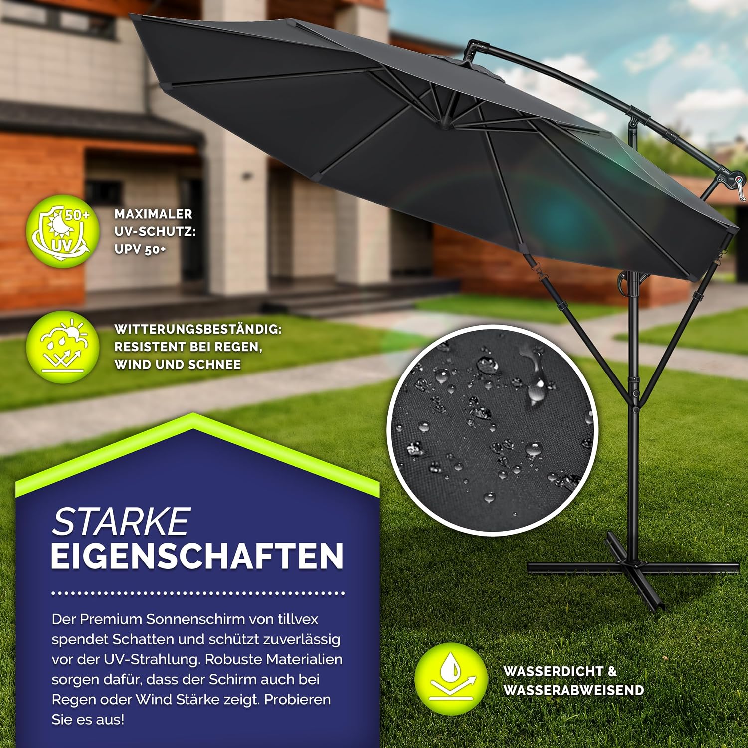 Detalle de Tillvex Alu Sonnenschirm + Abdeckung Ø 350 cm – Ampelschirm mit Kurbel, Ständer & Windschutz aus Aluminium