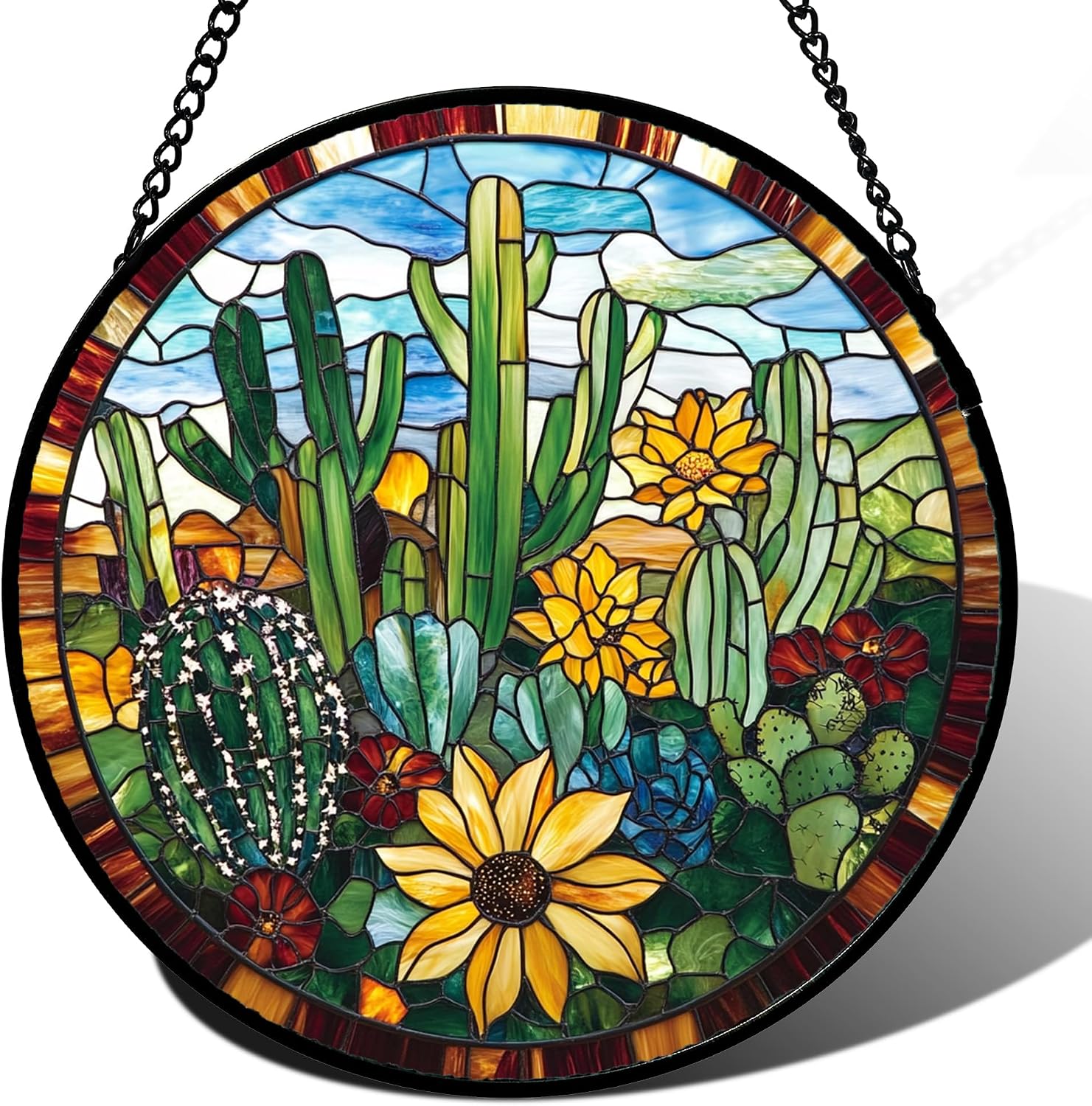 Detalle de QZQCBLC Stained Glass Cactus Suncatcher, Green with Yellow Flowers, 6.3-Inch