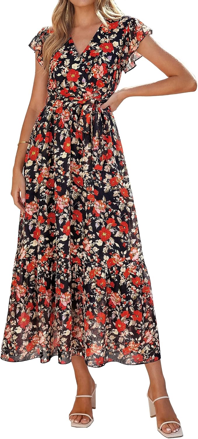 Detalle de PRETTYGARDEN Women's Summer Floral Boho Maxi Dress with Wrap V-Neck
