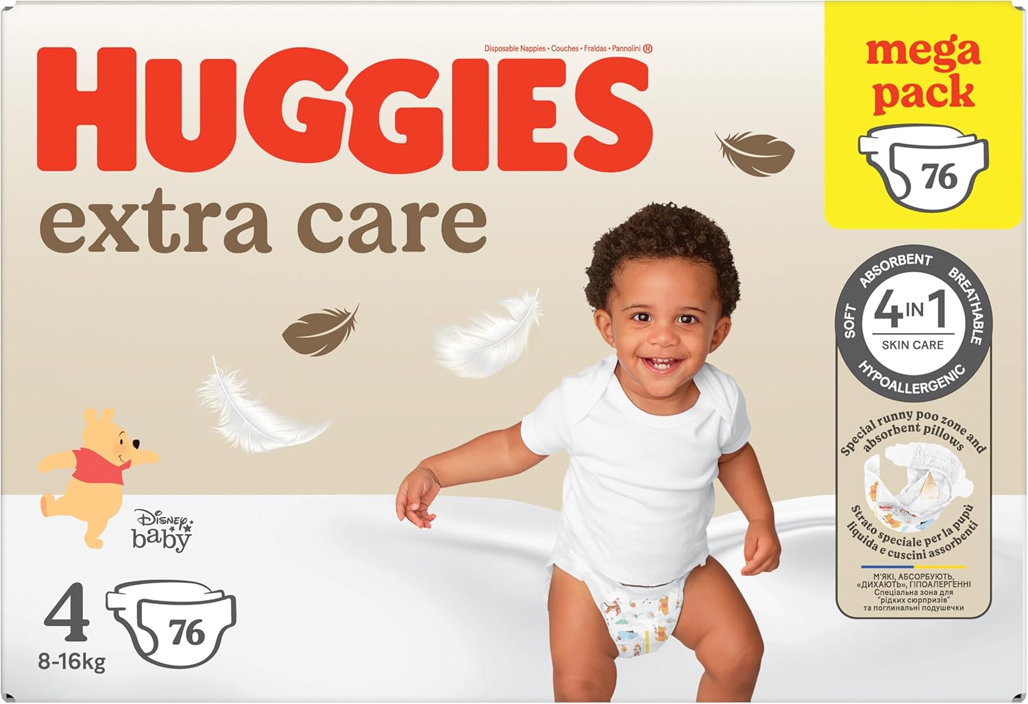Detalle de HUGGIES Extra Care Couches Bébé Taille 4 (8–16 kg) – Pack 76 | douceur et protection pour la peau délicate