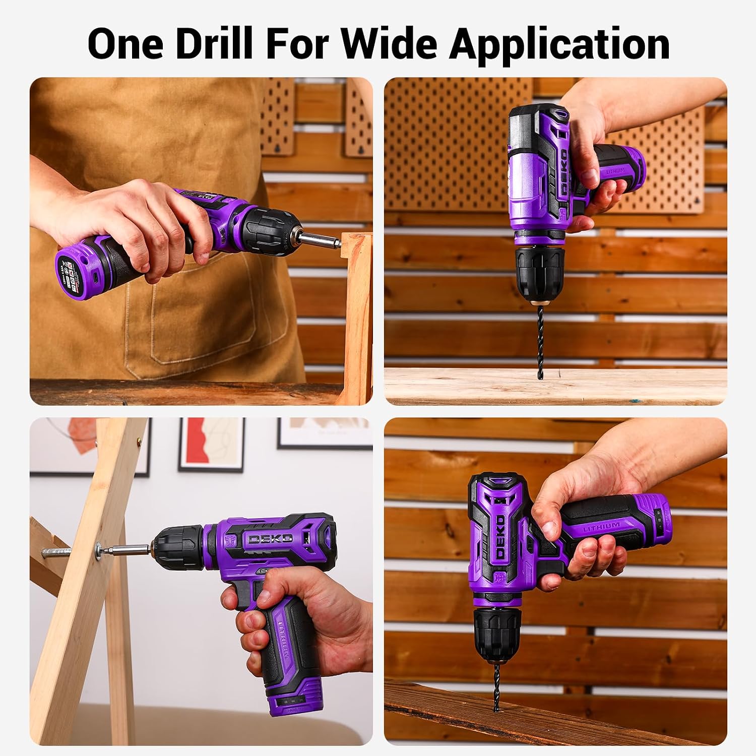 Detalle de DEKO Set di attrezzi da 238 pezzi con trapano a batteria 12 V, viola: kit completo per lavori domestici