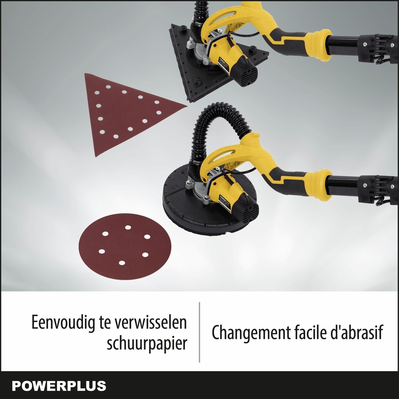 Detalle de POWERPLUS POWX0477 – szlifierka do płyt g-k 710 W, teleskopowa, 2 talerze
