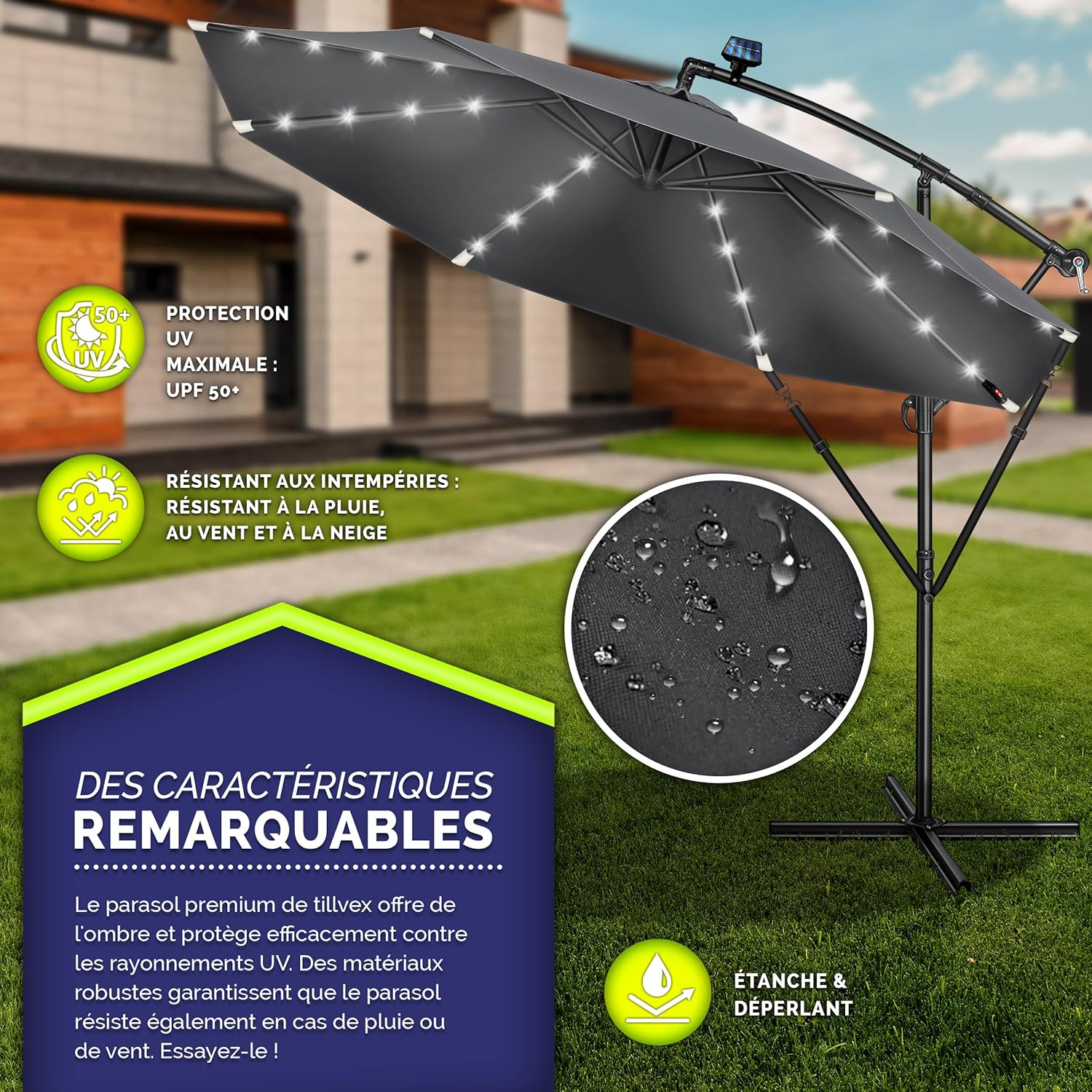 Thumbnail 1 de Tillvex parasol déporté LED solaire hexagonale de 3 m avec manivelle