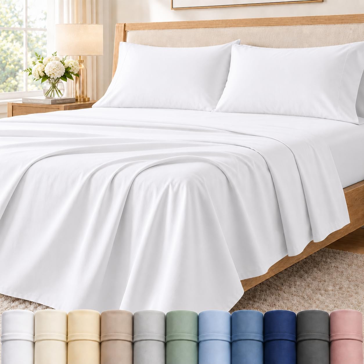 Detalle de CHATEAU HOME COLLECTION Egyptian Cotton Queen Sheet Set (400-Thread-Count) Deep Pocket – Soft Cooling Sateen, White