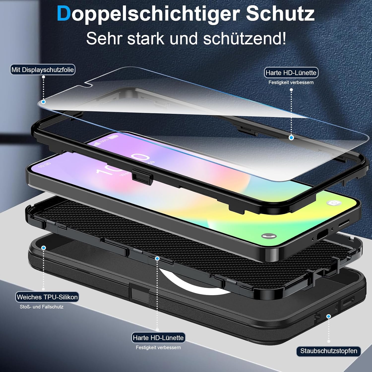Thumbnail 3 de Giyer Handyhülle für Samsung Galaxy A53 5G (mit Schutzfolie, 360° stoßfest, magnetischer Ring) – Schwarz