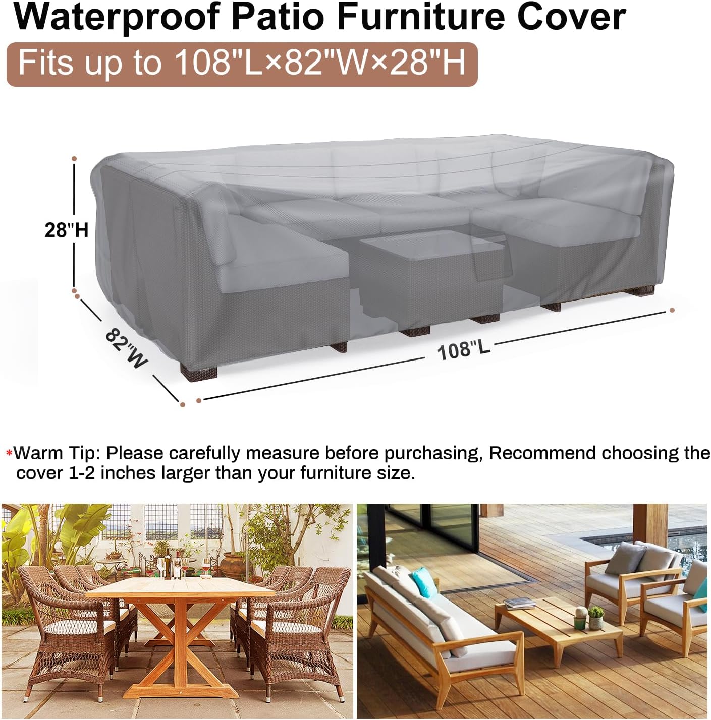 Detalle de Mrrihand MHD-238 Patio Furniture Cover, 108"L x 82"W x 28"H, Gray