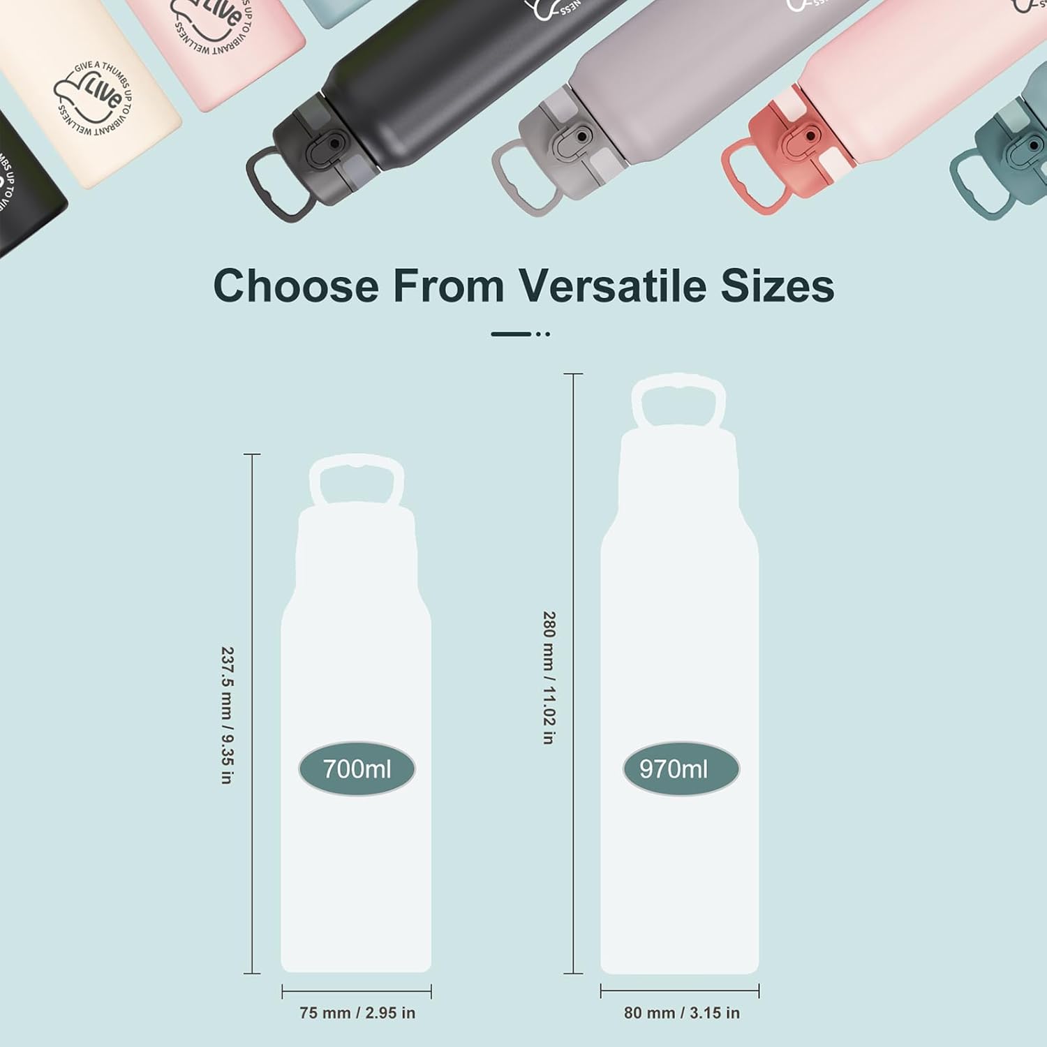 Detalle 2 de UZSPACE Stainless Steel Water Bottle 1L (970ml) – Double-Walled, Leakproof & Cold/Hot Insulated
