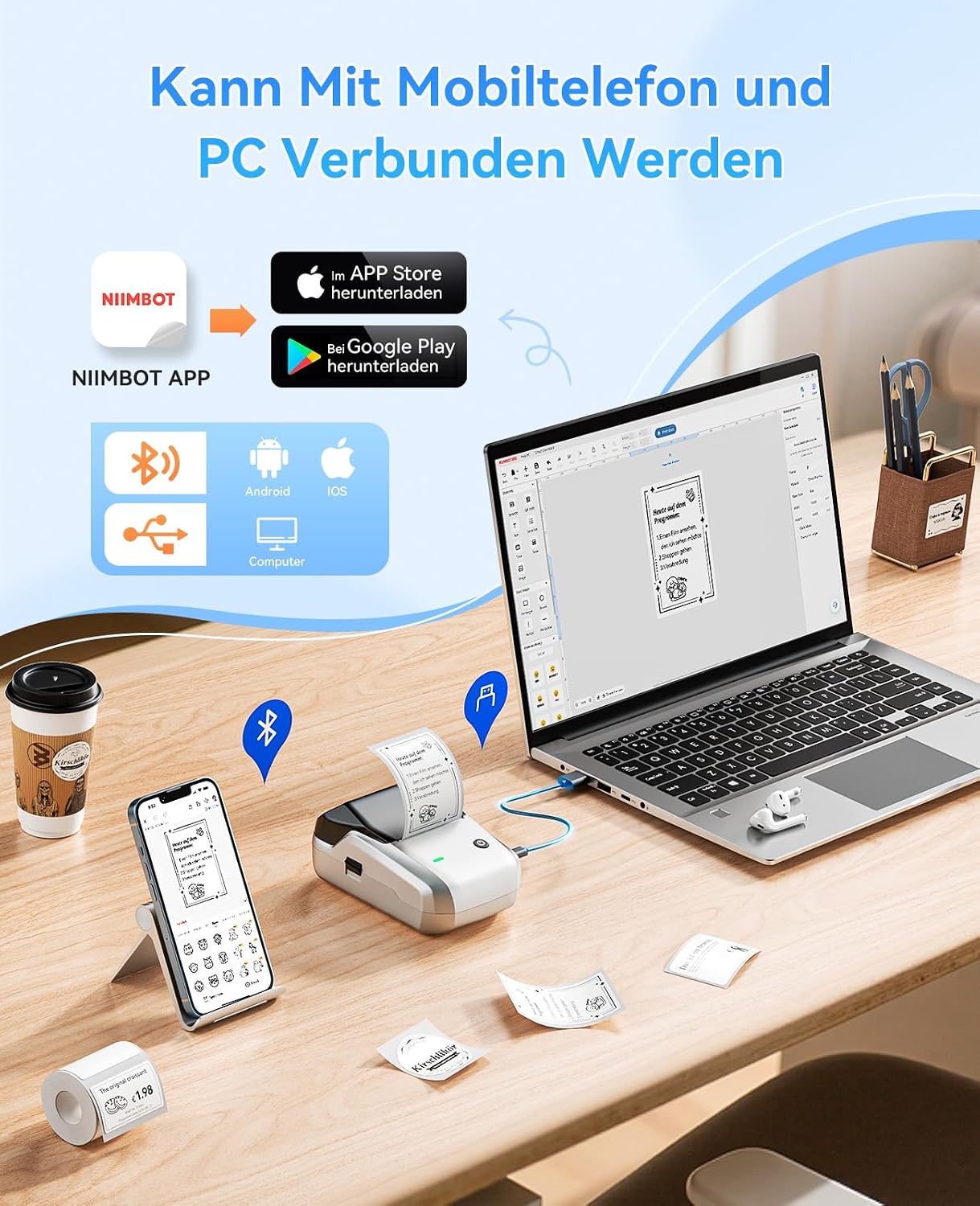 Thumbnail 6 de NIIMBOT B1 Etikettendrucker mit Bluetooth und 3 Rollen wasserfesten Etiketten (silber)