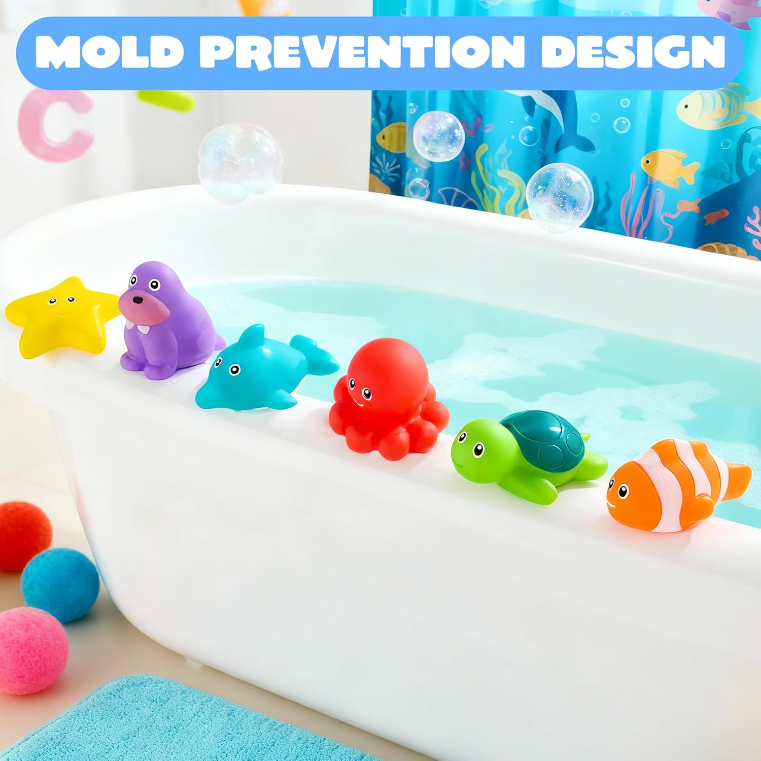 Detalle de JOYIN 6 Pcs Sea Animal Bath Toys: Sealed, No-Hole, Mold-Free, Soft Water Vehicles for Kids