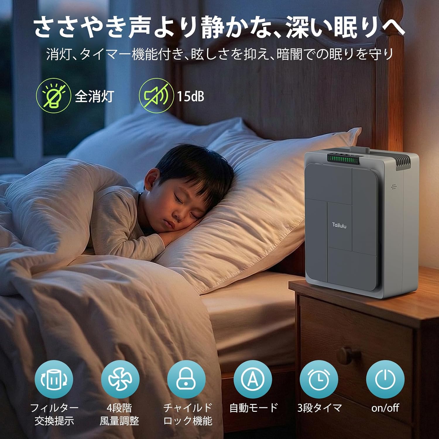 Detalle de Tailulu H2082 空気清浄機 38畳対応 前後両面吸気・HEPAと活性炭の3段階ろ過