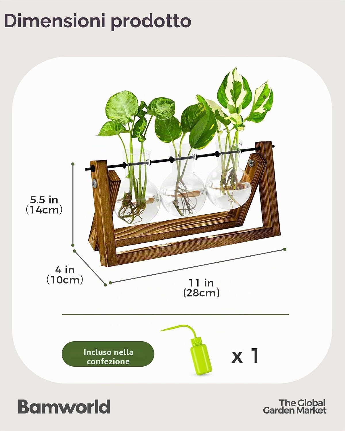 Detalle de Bamworld Stazione di Propagazione delle Piante Idroponiche con Supporto in Legno: 3 Vasi in Vetrografia per piante acquatiche e decorazione