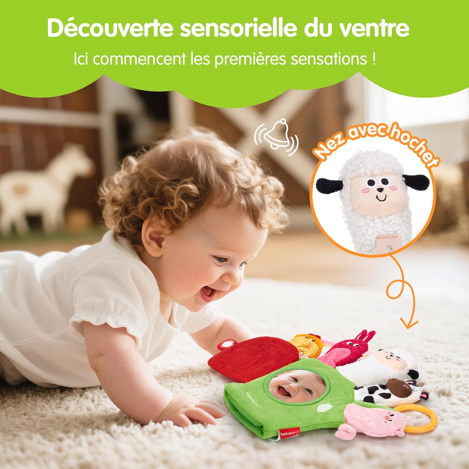 Detalle de hahaland Jouet bébé 6-12 mois : marionnettes d’animaux de la ferme avec anneau de dentition et papier froissé