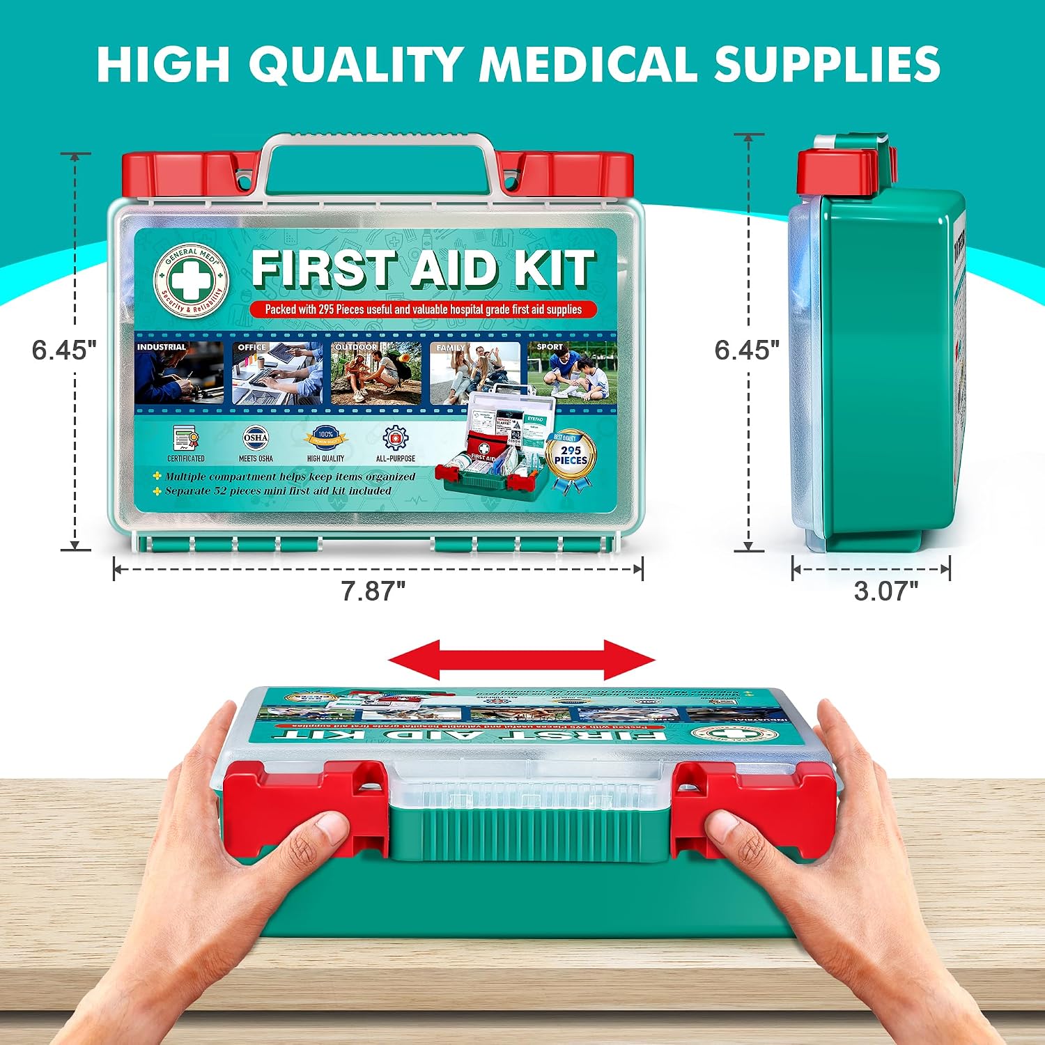 Thumbnail 1 de General Medi 295 Pieces Professional First Aid Kit – HardCase with Hospital-Grade Supplies for Travel, Home, Office, Vehicle, and Outdoor Use