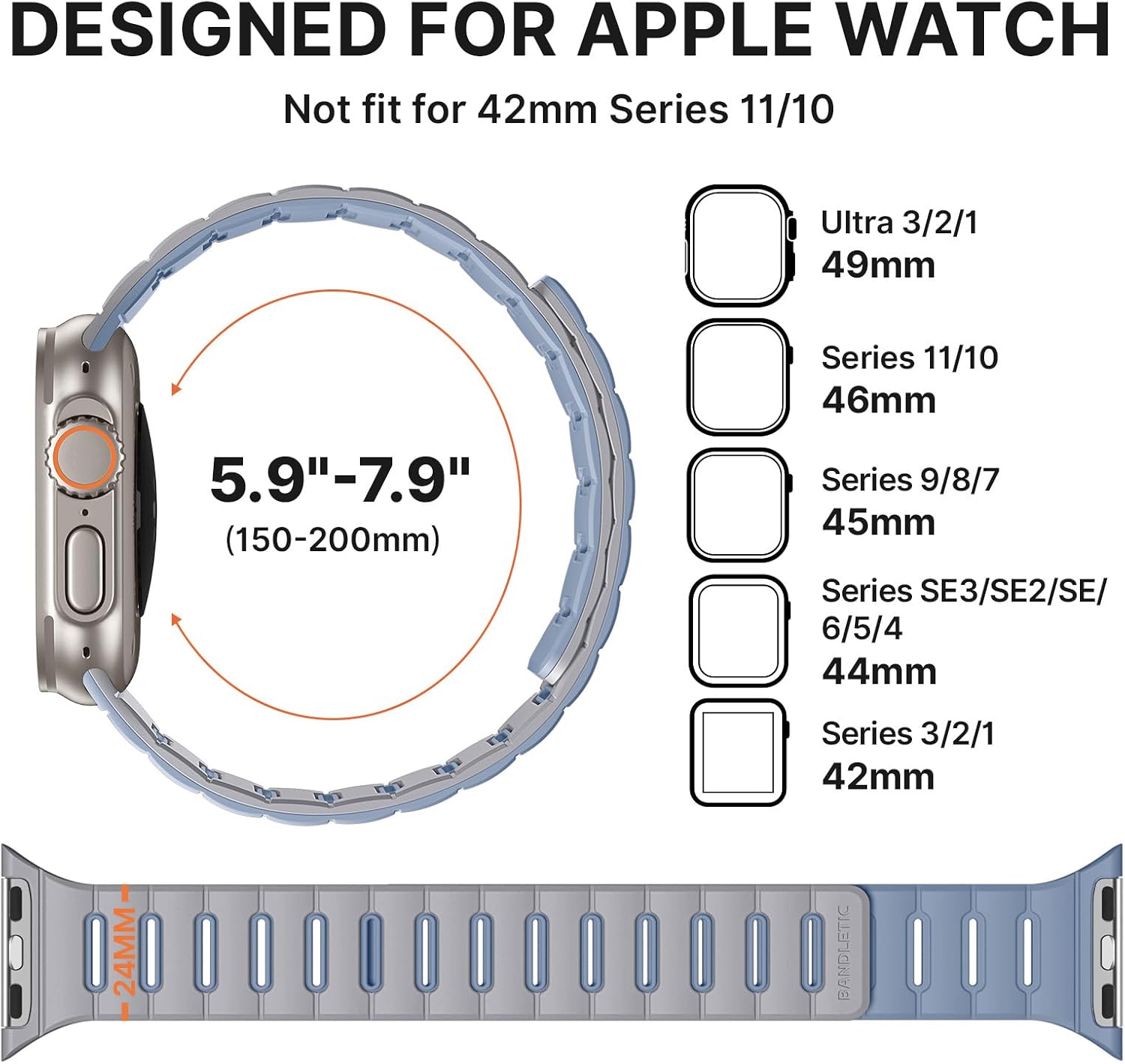 Detalle de Bandletic Double Sided Reversible Strap for Apple Watch – Magnetic Silicone Band (42–49mm) for iWatch Ultra 3/2/1, Series 3–11, SE – UK