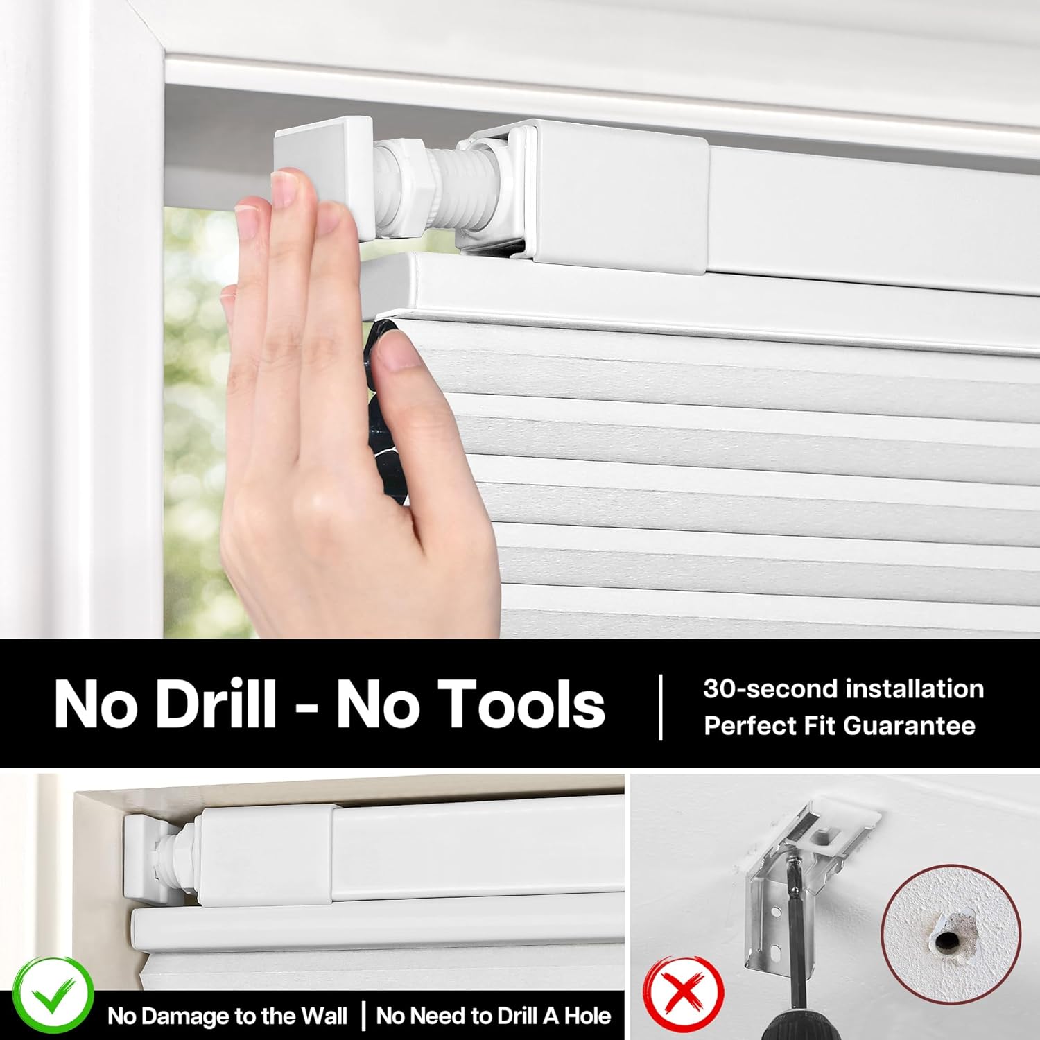 Detalle 2 de LazBlinds 41043420 No-Drill Cellular Shade, 35 x 64 in, White Blackout