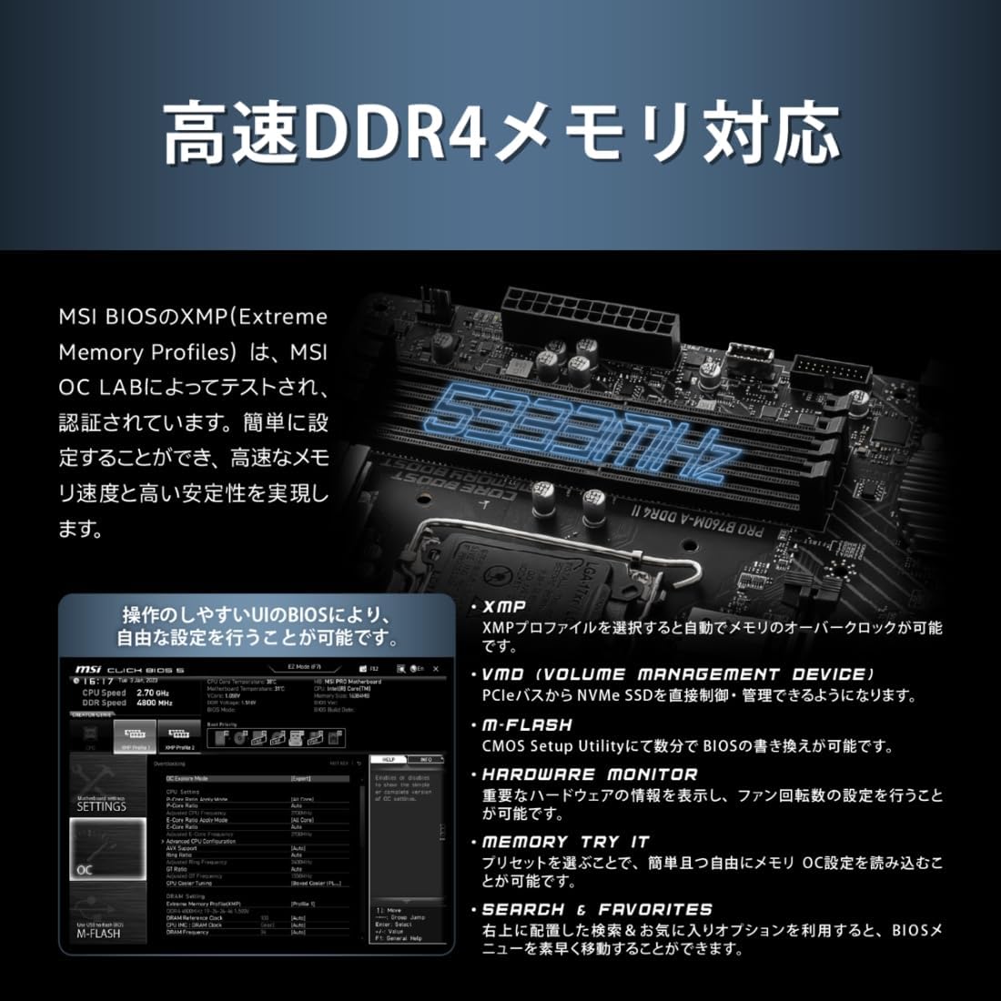 Detalle de MSI PRO B760M-A DDR4 II Micro-ATXマザーボード、LGA1700・DDR4・M.2 Gen4対応