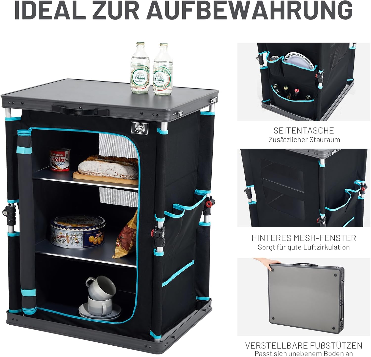 Detalle de TIMBER RIDGE faltbarer Campingschrank für Campingküche, klappbar inkl. Tragetasche