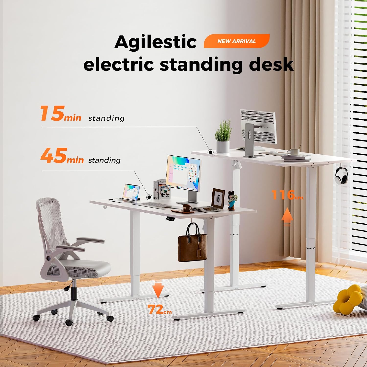 Thumbnail 2 de Agilestic Height-Adjustable Electric Desk (120x80 cm) with Memory Function, White