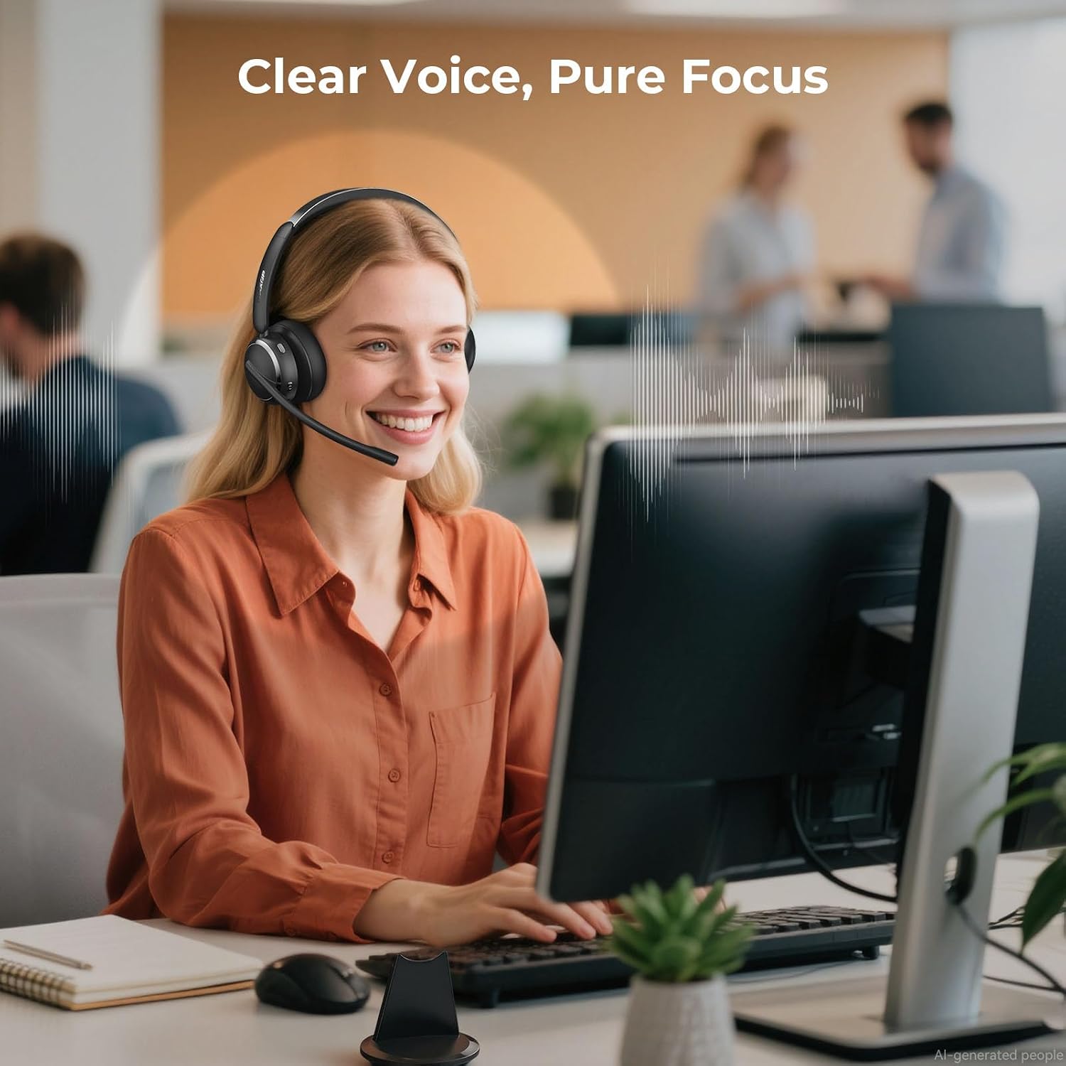Detalle de Waxop Wireless Headset with Mic for Work — Bluetooth 6.0, 65H, 60ft Range, USB Dongle & Dock