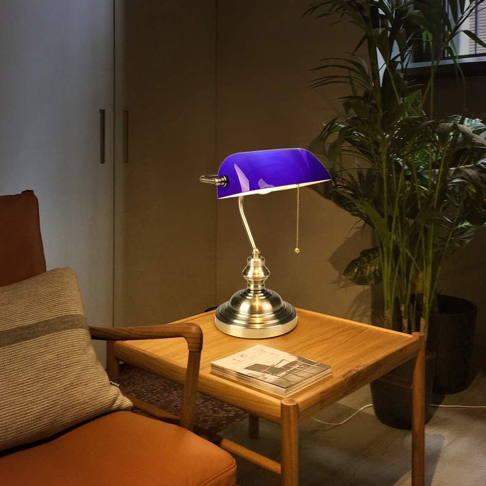 Detalle de FIRVRE Tischlampe Blau Glas Vintage – Bankerlampe mit Zugkettenschalter