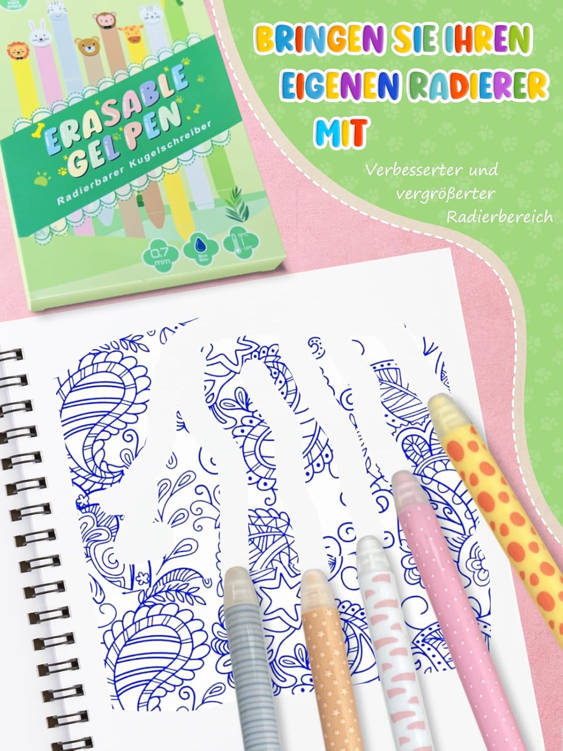Thumbnail 4 de GutSache 8er-Set radierbare Gelstifte mit thermosensitiver Radiertinte – Blau, 0,7 mm, Tier-Cartoon-Motive