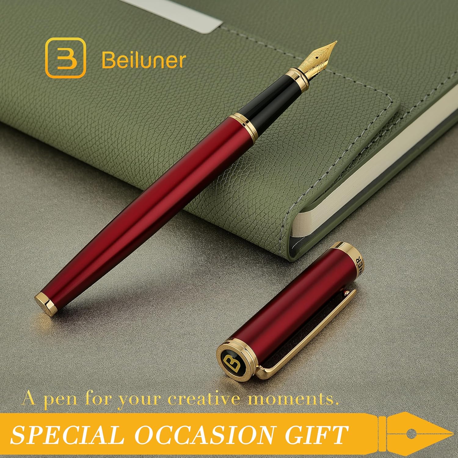 Thumbnail 6 de BEILUNER Stylo Plume de Luxe finition piano laqué et or 24K – Rouge & Or, avec convertisseur