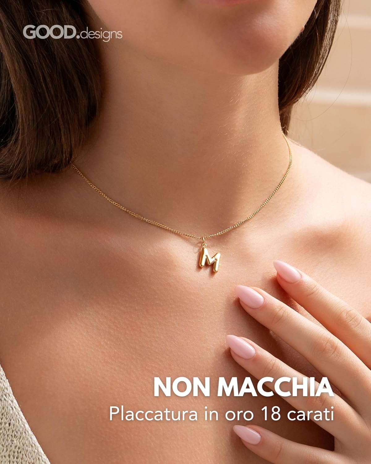 Thumbnail 2 de GD GOOD.designs Collana Lettera Bubble: ciondolo iniziale in acciaio inox placcato oro 18K, misura regolabile