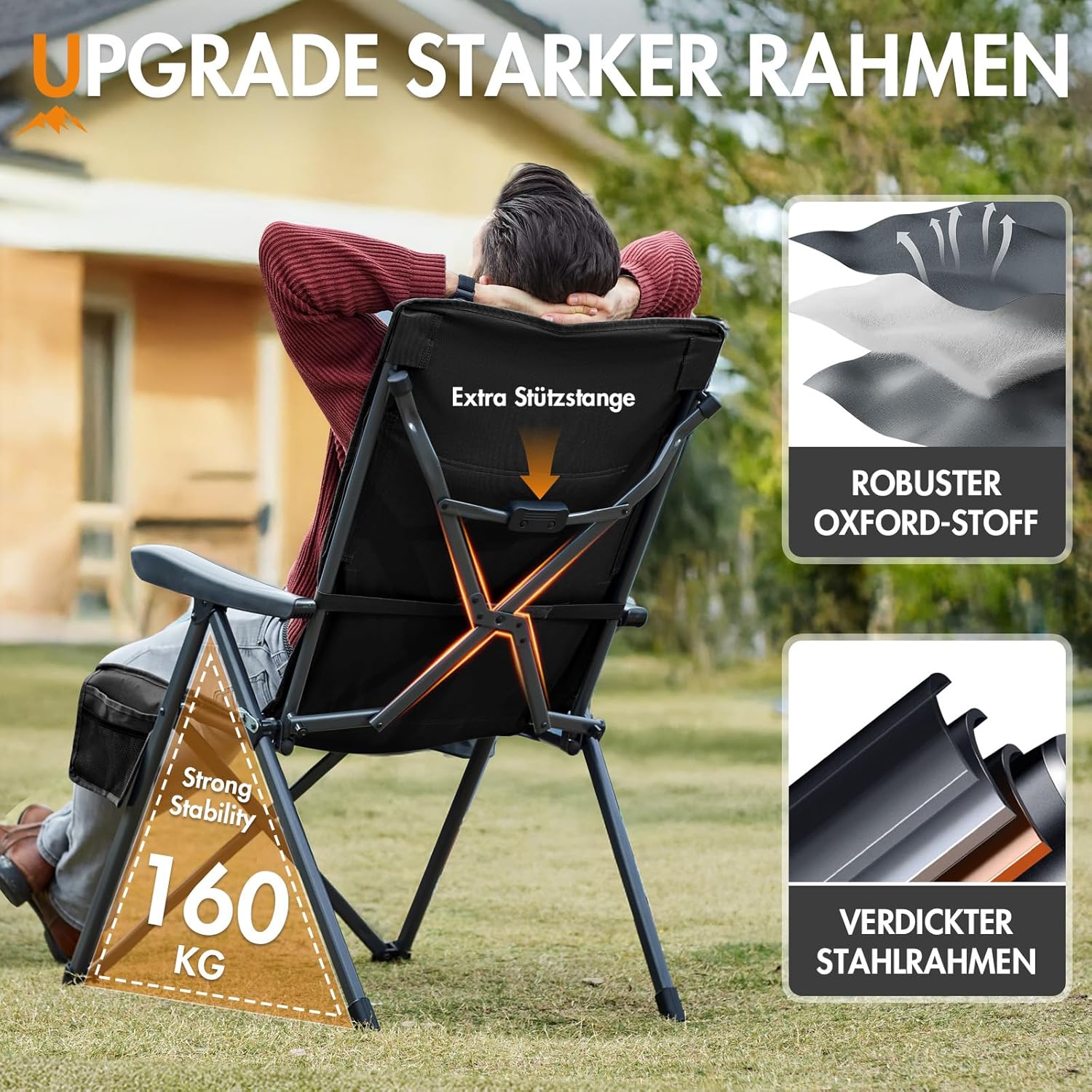 Thumbnail 4 de Faltbarer Campingstuhl mit verstellbarer Rückenlehne (3 Positionen) bis 160 kg – für Angler, Garten & Balkon
